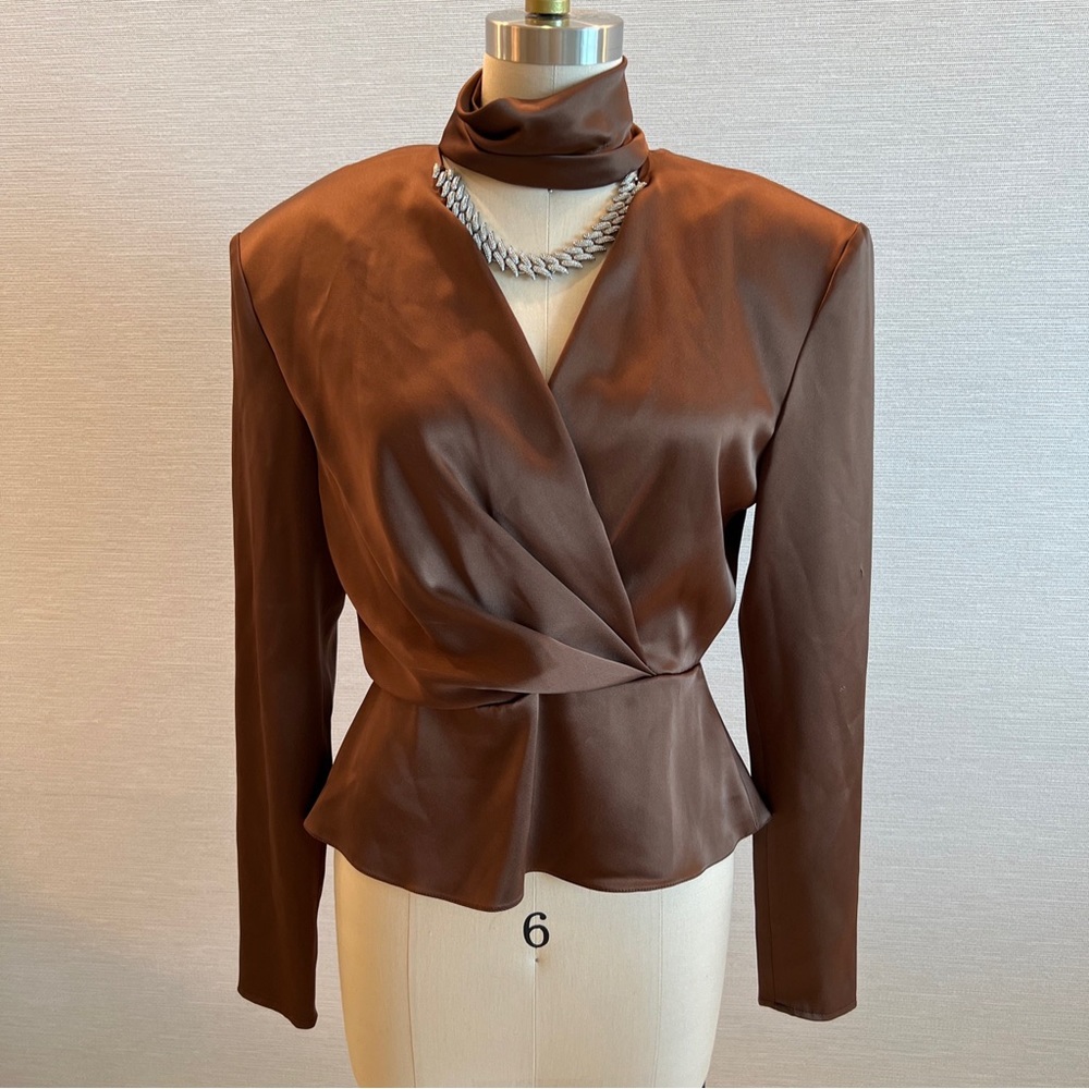 David Koma Brown Satin High Neck Top Crystal Chain DRAMATIC Size UK 10 or US 6